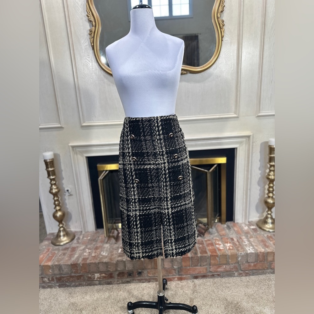 Fate Women’s Tweed Plaid Skirt Black Cream Bouclé Military Button Front S NWT‎